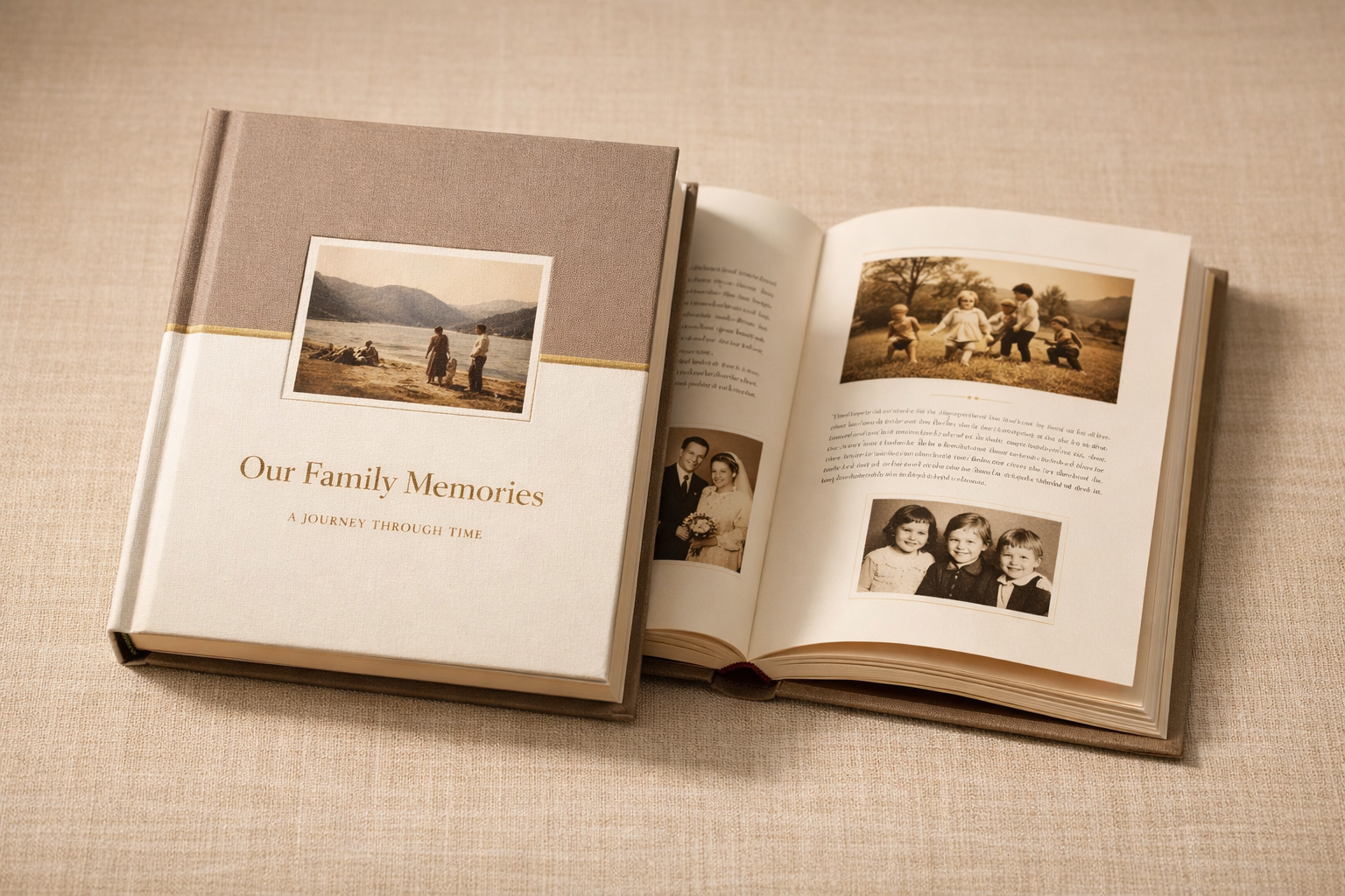 Пример семейной книги Глава — обложка и разворот с фотографиями
