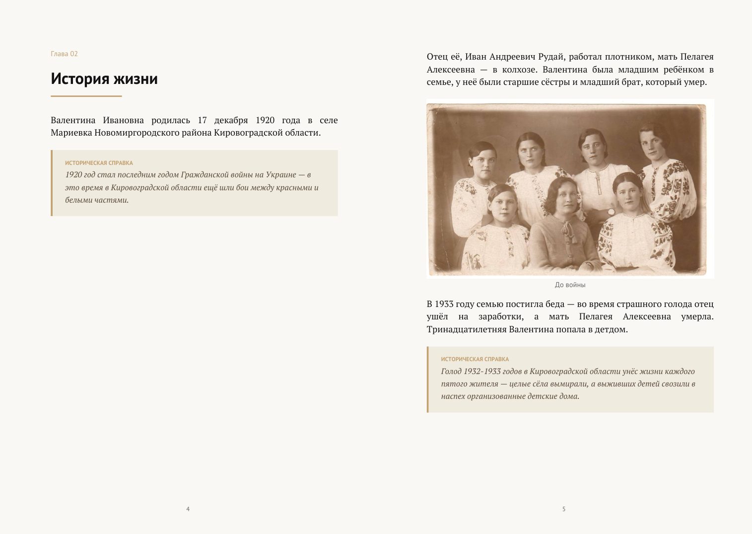 Разворот книги о бабушке: довоенная фотография шести девушек в вышитых блузах и рассказ о голоде 1933 года