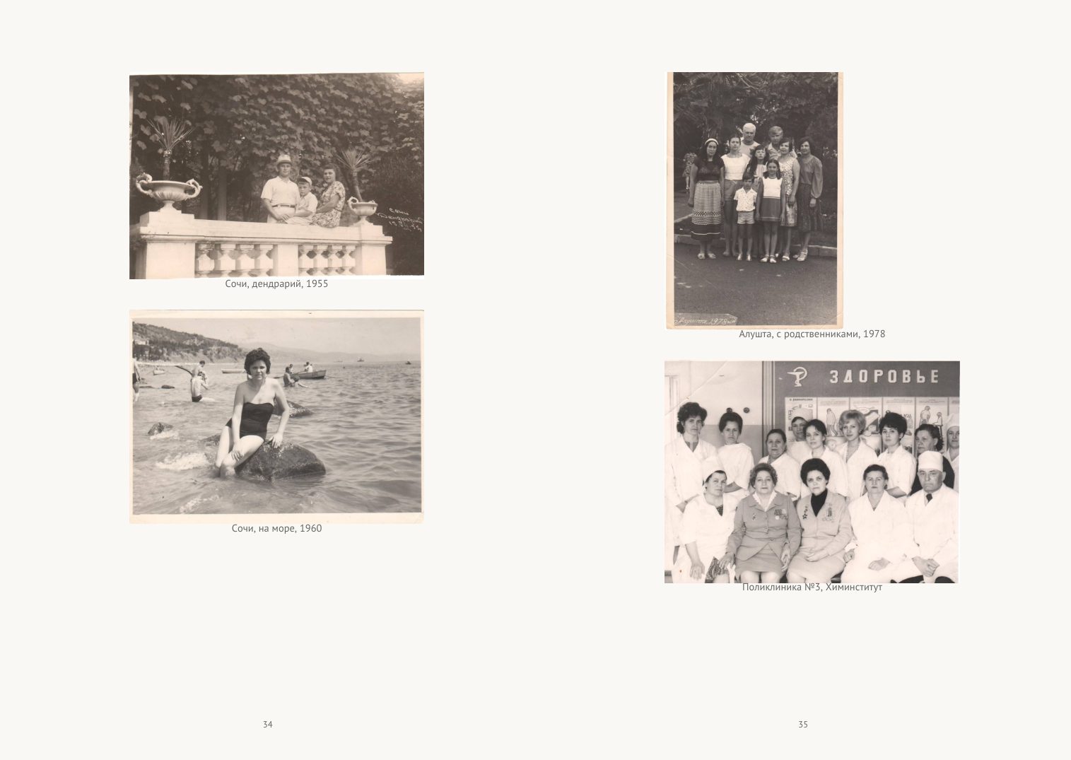 Разворот семейной книги: Сочи 1955 и 1960 годов, Алушта 1978 года, коллектив поликлиники